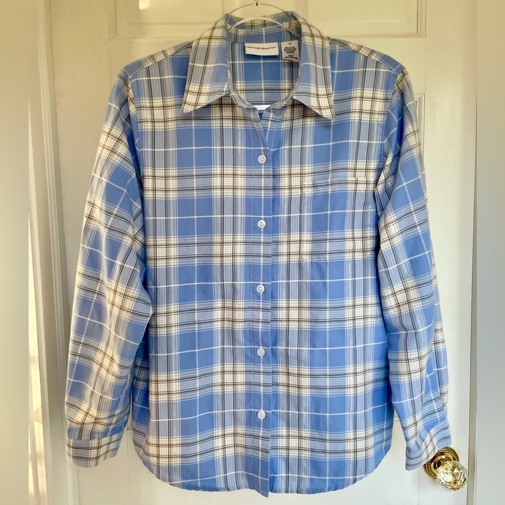 Button-down light blue plaid shirt with silver metallic by Alfred Dunner size 12